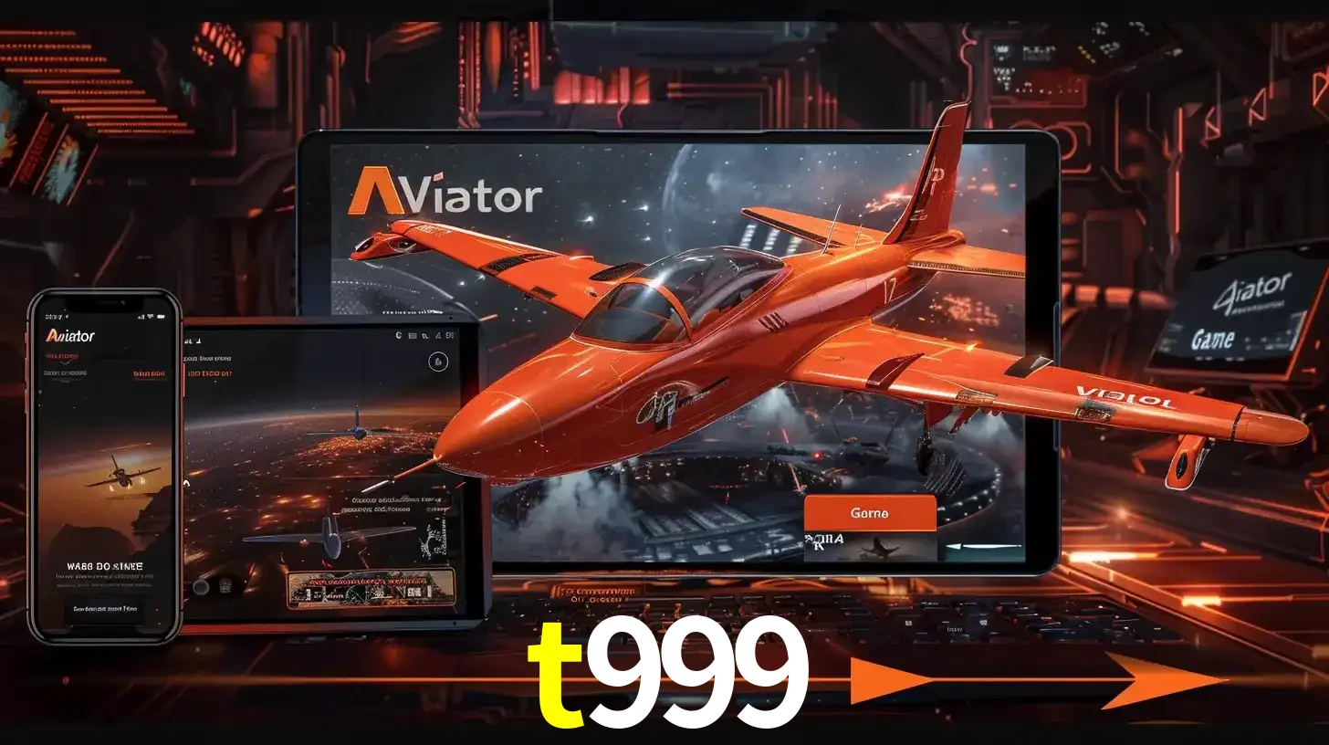 Apresentação tecnológica do jogo Aviator com um avião saindo da tela de um tablet, demonstrando a experiência imersiva em múltiplos dispositivos no t999.