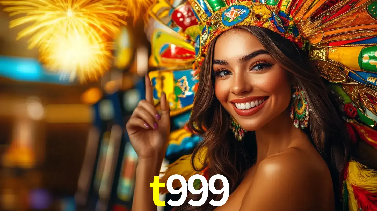 Mulher sorridente com um cocar de carnaval vibrante e colorido, celebrando uma grande vitória nos jogos do cassino t999 com fogos de artifício ao fundo.