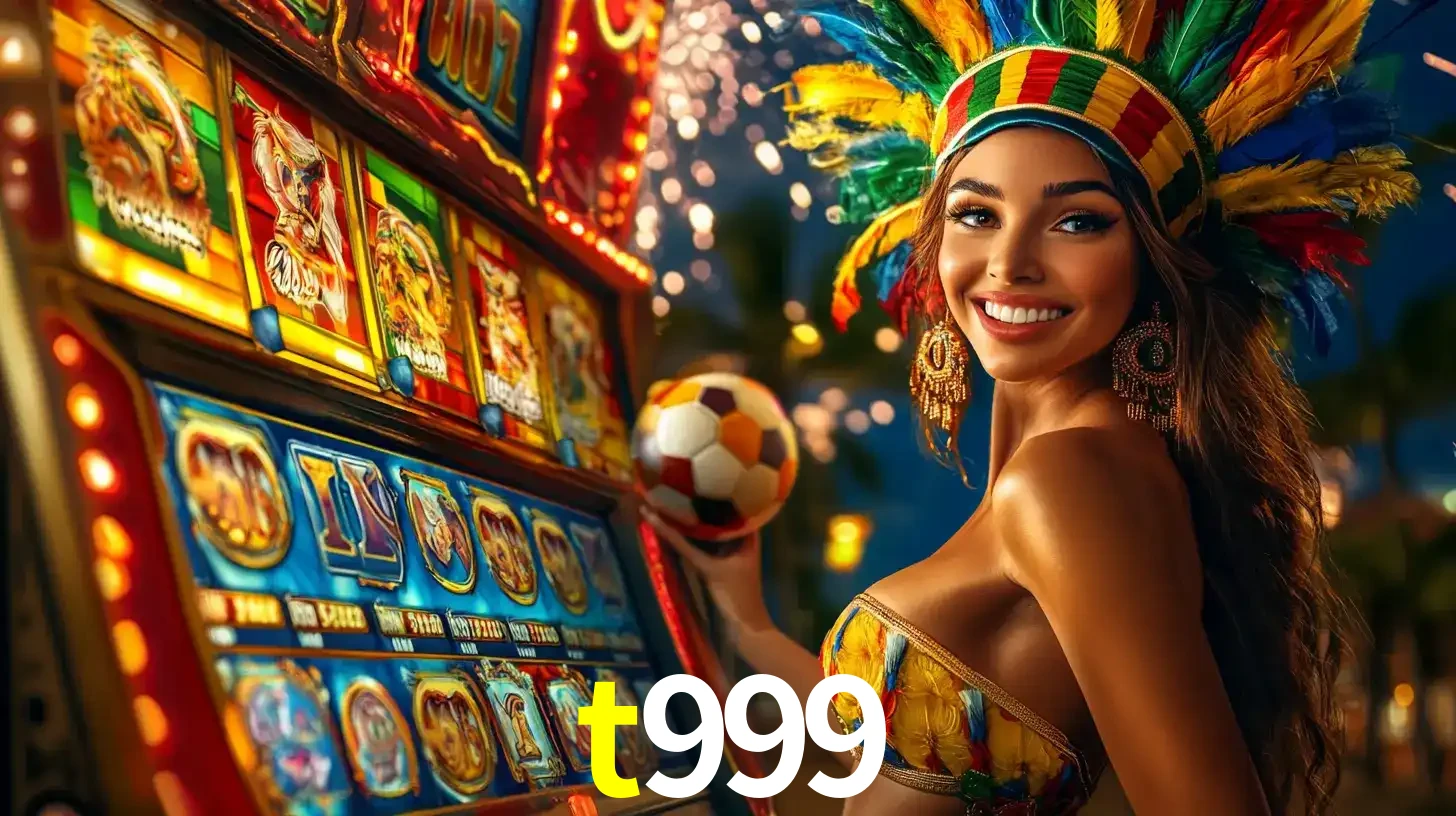 Mulher com um cocar de carnaval ao lado de uma máquina de caça-níqueis enquanto segura uma bola de futebol, mostrando a união da diversão de cassino e esportes no t999.