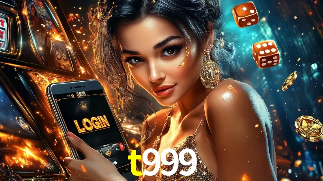 Mulher glamourosa segurando um celular com a tela de login do cassino t999, rodeada por dados e moedas douradas, pronta para começar a diversão.