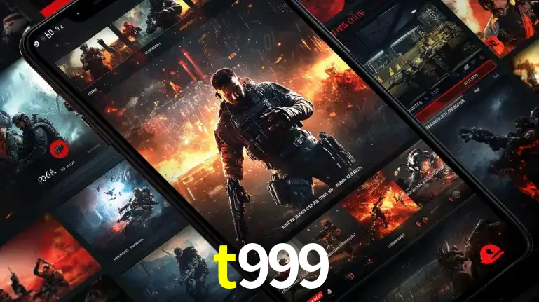 Tela de um celular exibindo uma galeria de jogos de tiro com temática militar, mostrando a variedade de e-sports disponíveis para apostas na plataforma de entretenimento t999.