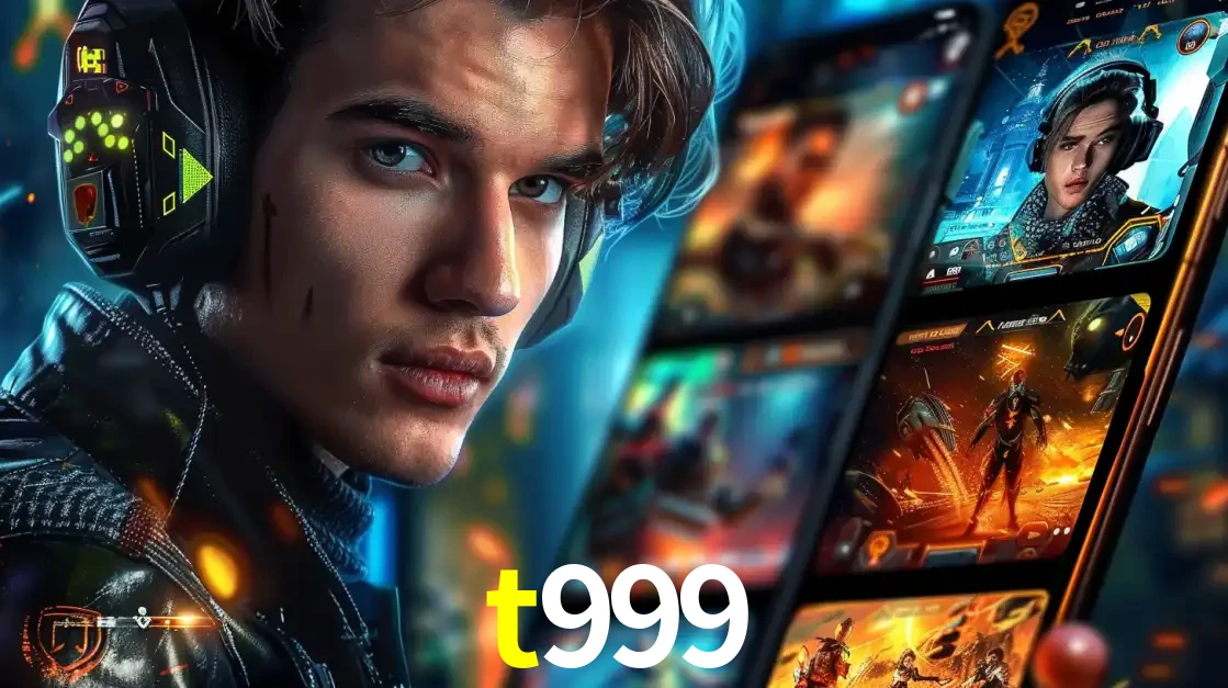 Jovem jogador com fones de ouvido olhando para a câmera, com um aplicativo de jogos e e-sports para celular ao fundo, pronto para a competição e apostas no t999.