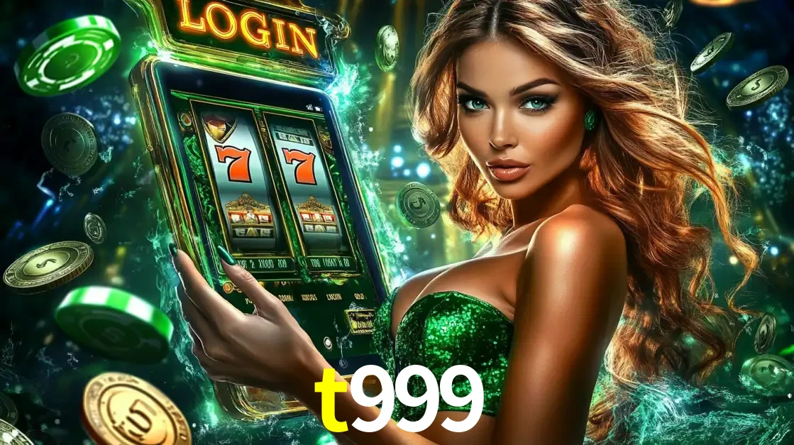 Mulher com tema verde apresentando o aplicativo do cassino t999 com um jogo de slot de 777, cercada por fichas de cassino e uma aura de sorte.