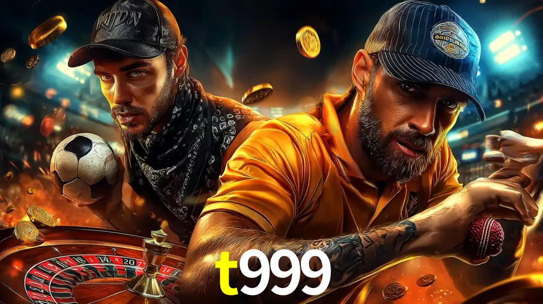 Montagem de apostas esportivas e cassino no t999, com um homem segurando uma bola de futebol e outro uma de beisebol sobre uma roleta e moedas voadoras.