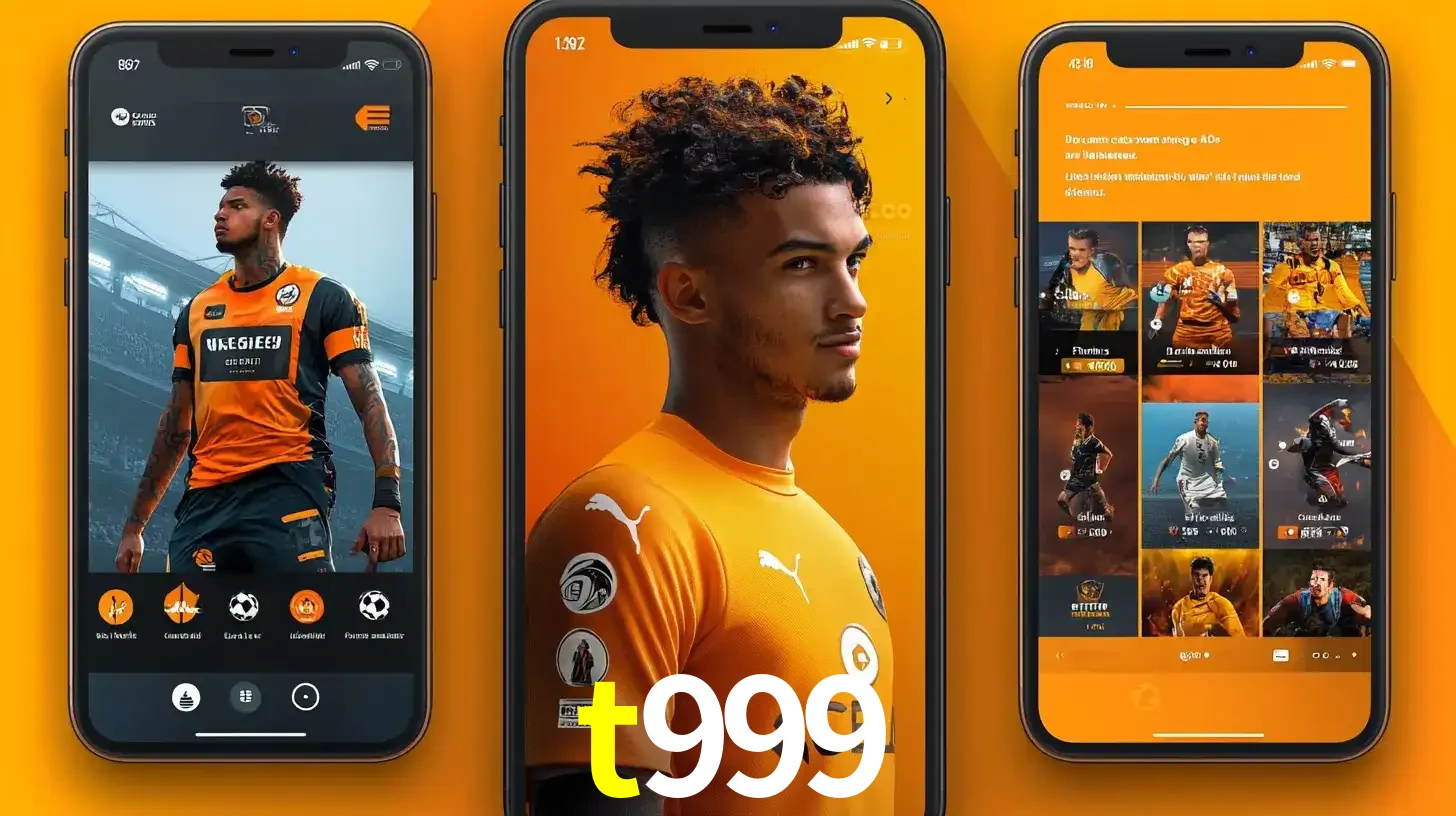 Interface do aplicativo de apostas esportivas t999 em três telas de celular, mostrando o perfil de um jogador de futebol e a lista de jogos disponíveis para apostar.