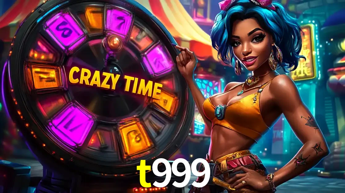 Mulher estilizada com cabelo azul e visual vibrante posando ao lado da roda de prêmios do game show Crazy Time, convidando para a diversão e os bônus do cassino t999.