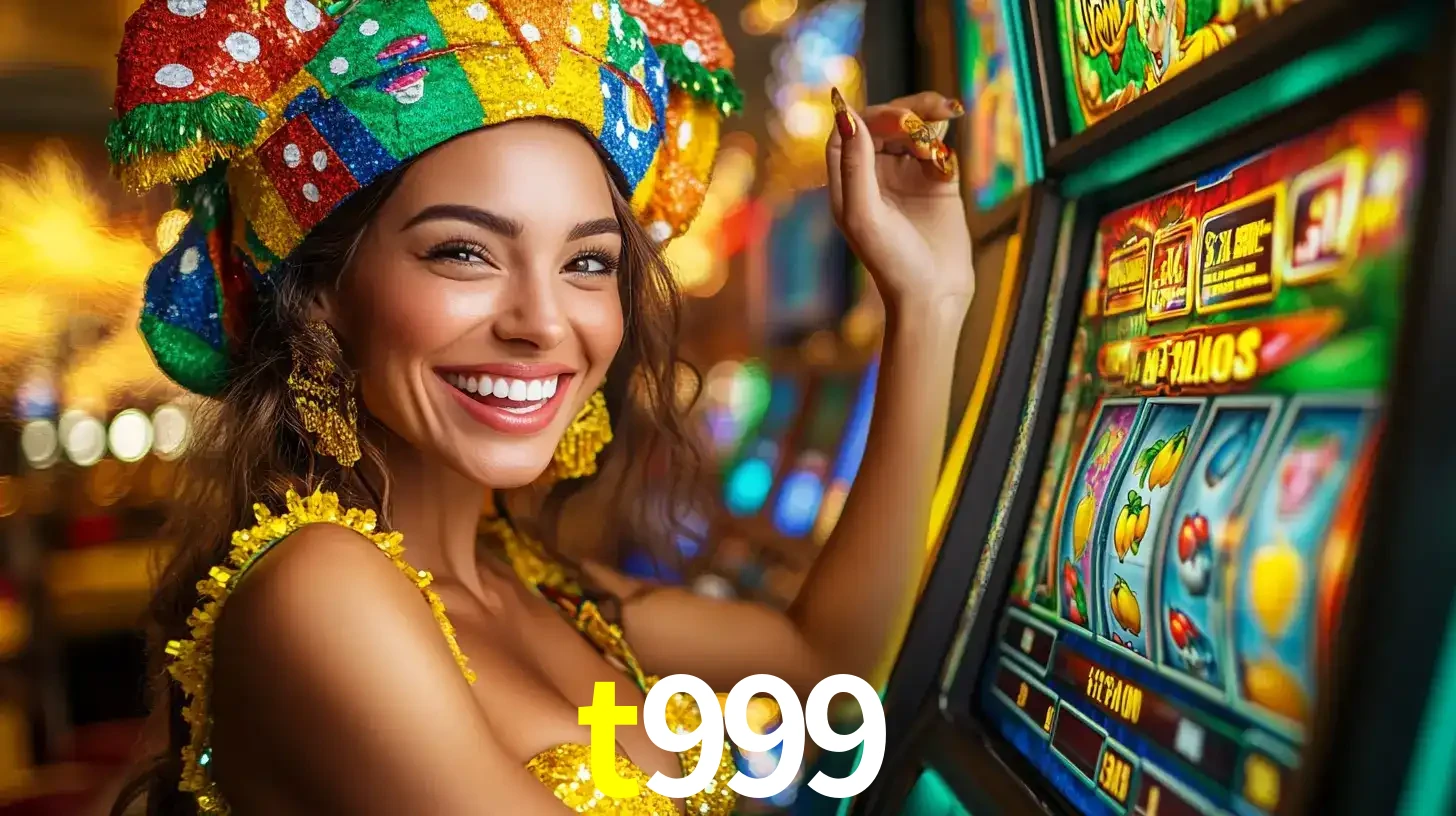 Mulher feliz com traje de carnaval amarelo e colorido ao lado de uma máquina de caça-níqueis, aproveitando a diversão e os jogos temáticos do cassino t999.