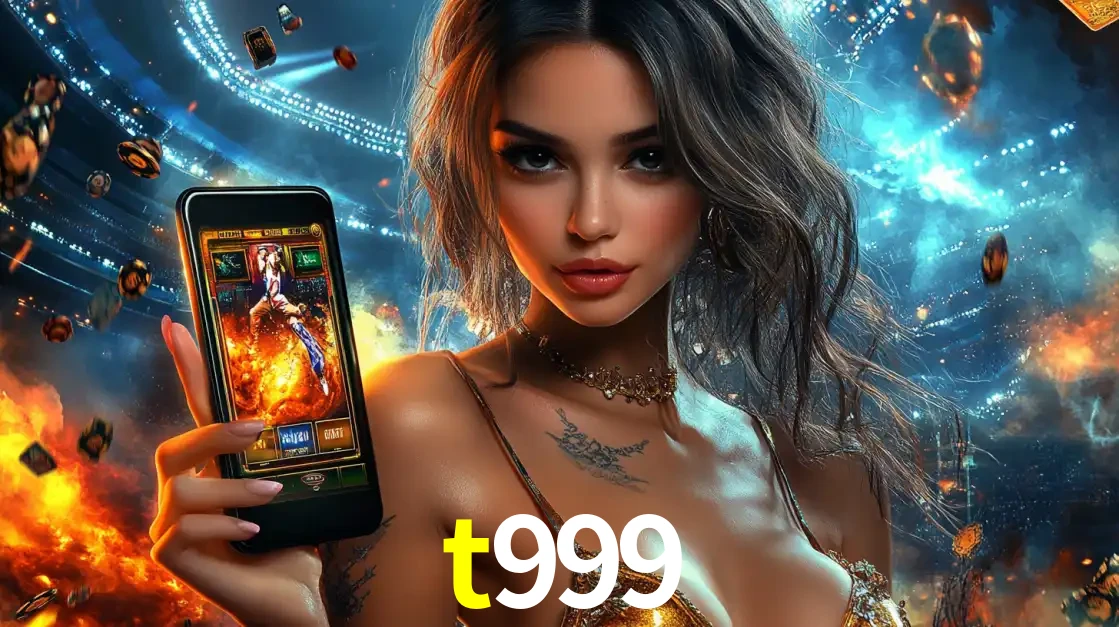 Mulher segurando um celular com um jogo de slot em destaque, tendo como fundo um estádio vibrante, simbolizando a emoção de jogar no cassino móvel t999.