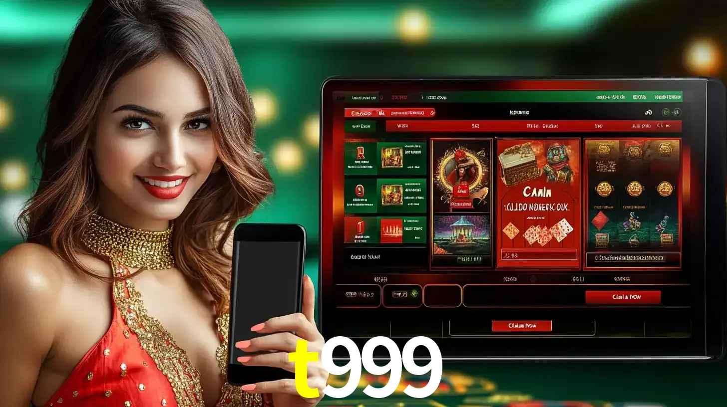 Mulher sorridente segurando um smartphone, ao lado de uma tela exibindo o lobby de jogos do cassino online t999, com várias opções de jogos de cartas e slots.